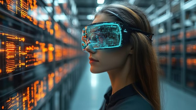 A woman stands in a sleek data center, wearing high-tech augmented reality goggles. Glowing digital screens display complex information, highlighting a modern technological environment.