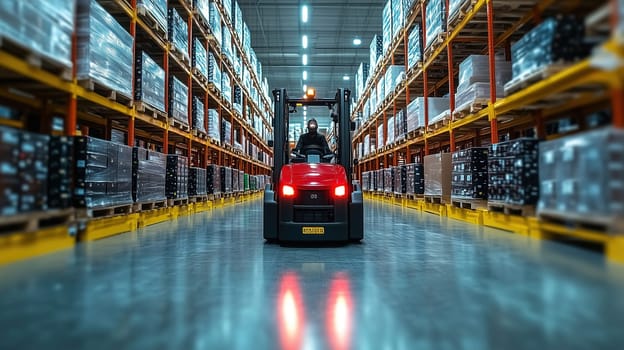 A forklift operator skillfully navigates through a large warehouse filled with stacked pallets. Bright lights illuminate the organized aisles, showcasing an efficient working environment.