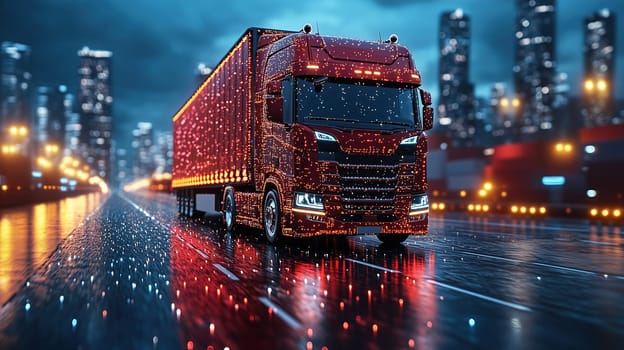 A red truck adorned with bright lights drives along a wet city street during the night. Reflections from the rain enhance the vibrant glow and create a captivating urban atmosphere.