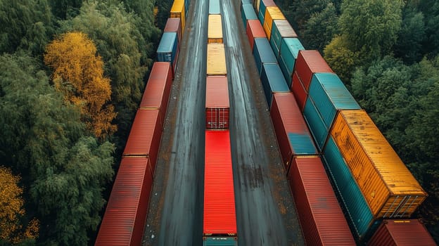 Rows of brightly colored shipping containers are lined up beside a roadway. Surrounding foliage displays rich green and golden hues indicative of autumn, creating a striking visual contrast.