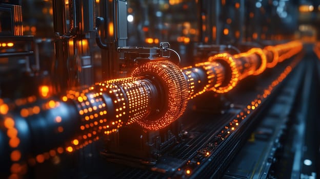 Intricate machinery features glowing orange elements as it operates in a modern manufacturing facility. The atmosphere is filled with technological precision and innovation.