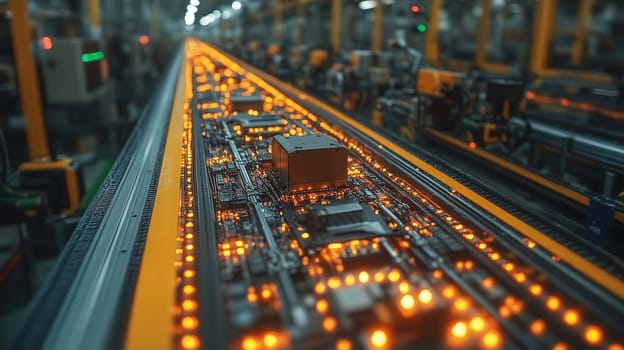 Engineers work diligently on a circuit board assembly line in a modern factory, with illuminated components creating a vibrant atmosphere during the night shift.