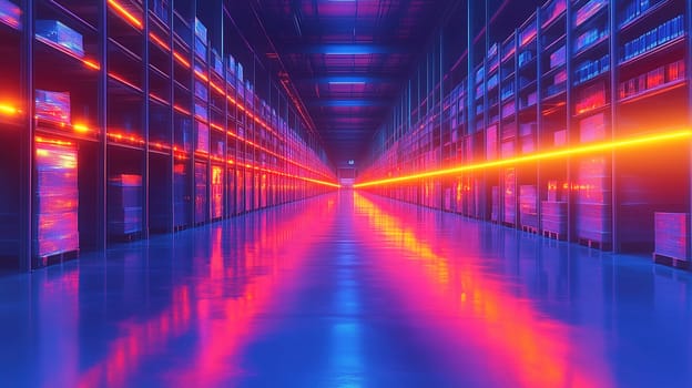 Bright neon lights reflect off the smooth floor in a modern warehouse filled with shelves packed with boxes. The vibrant colors create an energetic and futuristic setting at night.
