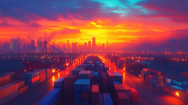 Colorful sunset casts a warm glow over a busy shipping port filled with stacked containers. Silhouettes of skyscrapers rise against a dramatic sky, creating a stunning urban backdrop.