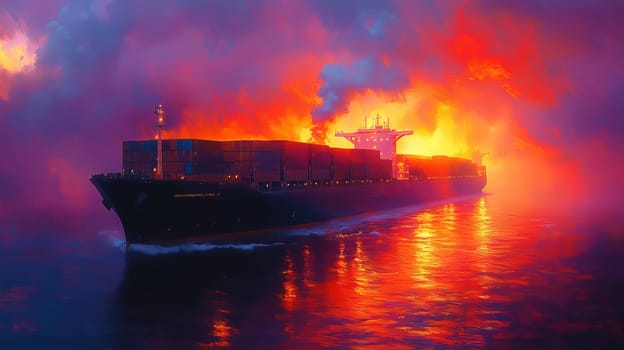 A massive cargo vessel sails through thick smoke blending with bright sunset colors of orange and purple, creating a mesmerizing visual experience on the water.