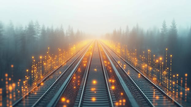Railway tracks stretch into a foggy distance surrounded by tall trees. Soft, glowing lights adorn the tracks, creating a magical ambiance at dawn.