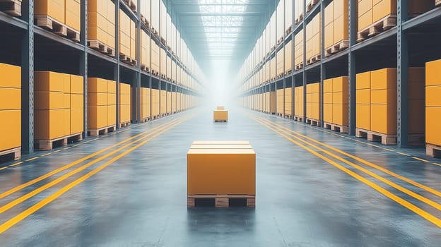 A large warehouse with bright lighting showcases rows of yellow boxes stacked on pallets. One box stands alone in the center, creating a clear path through the aisles.