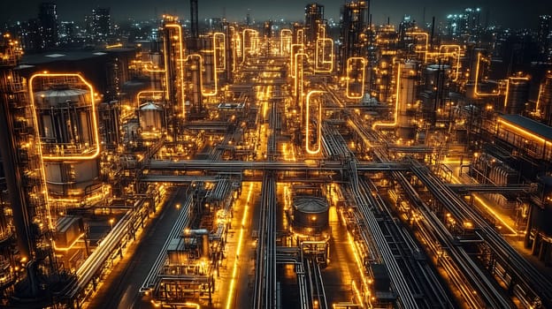 A sprawling industrial complex glows with vibrant lights at night, featuring extensive networks of pipes and machinery against an urban skyline, illustrating the energy of modern manufacturing.