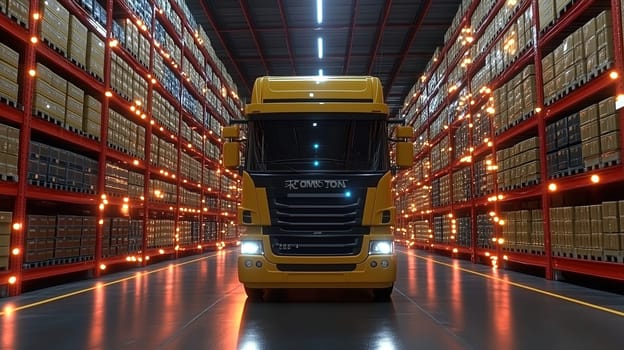 A large yellow truck stands still in a spacious warehouse illuminated by bright lights, surrounded by towering shelves filled with neatly stacked boxes, creating an efficient storage environment.