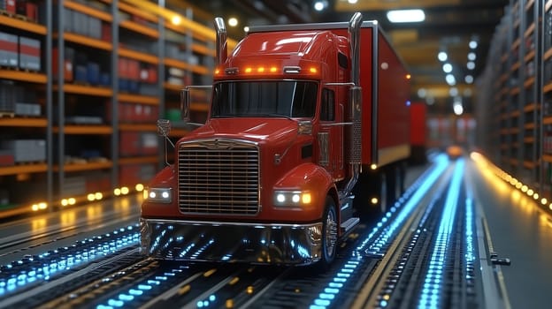 A red truck is driving along a brightly lit path in a spacious warehouse. Surrounding it are shelves stacked high with various goods, highlighting a busy logistics environment.
