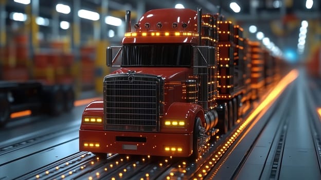 A red truck equipped with vibrant lights navigates through an active warehouse, transporting cargo along illuminated tracks amidst bustling activity at night.