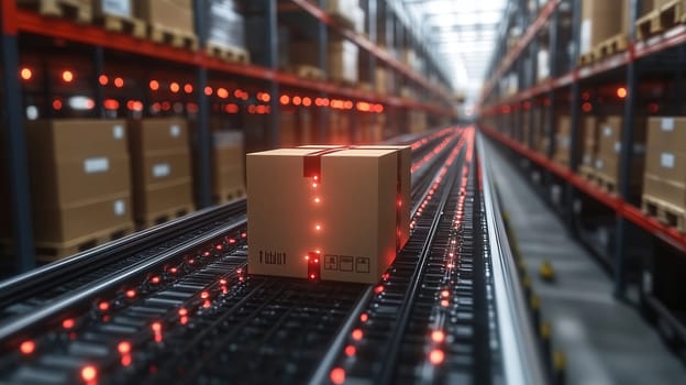 A cardboard box travels along an automated conveyor in a spacious warehouse filled with shelves. Red lights indicate tracking, showcasing efficiency in logistics and inventory management.