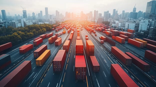 A bustling shipping yard showcases rows of vibrant containers lined up under a sunset sky. The urban skyline serves as a backdrop, highlighting the busy logistics operation.
