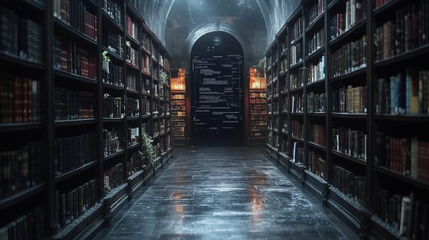 In a dimly lit corridor of an old library, tall wooden shelves are lined with rows of dusty books. Soft light cascades from above, creating an inviting yet mysterious atmosphere.