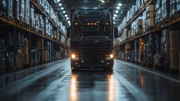 A large black truck is parked in a spacious warehouse, illuminated by overhead lights. The aisles are lined with tall shelves stacked with boxes and pallets, creating a busy and efficient atmosphere.