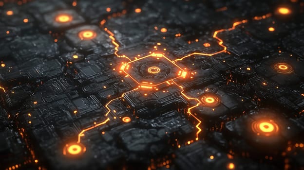 An intricate arrangement of dark, structured surfaces features vibrant orange lights connecting various points, creating a visually striking network. The design evokes a futuristic aesthetic.