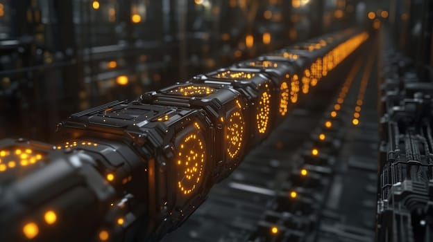 A long corridor filled with futuristic machinery features glowing elements that illuminate the dark space, showcasing advanced technology in operation.