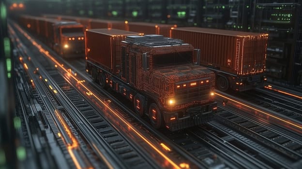 A vibrant transport hub showcases advanced trucks carrying cargo containers along illuminated tracks. The scene reveals a modern logistics approach with dynamic lighting and intricate designs.