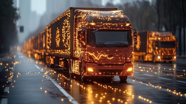 Brightly illuminated trucks travel along a wet city street as dusk settles. The neon lights create a mesmerizing effect against the rainy backdrop, enhancing the evening atmosphere.