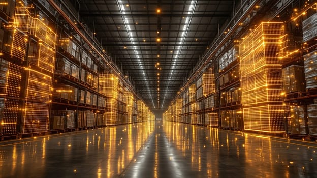 A spacious warehouse features tall shelves filled with goods. Warm lights create vibrant patterns across the smooth floor, emphasizing organization and order during late night operations.