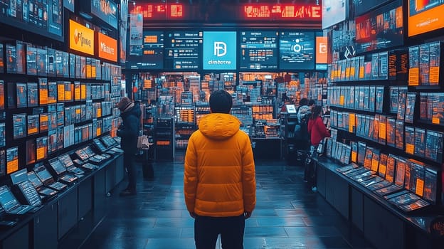 A person in a bright orange jacket stands in the middle of a bustling electronic store, surrounded by illuminated screens and colorful product displays. Customers browse various gadgets and devices.