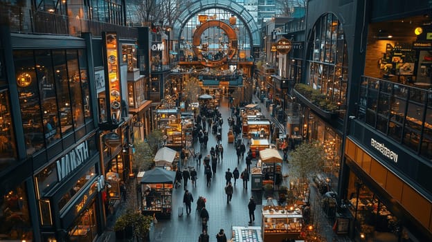 Crowds of people stroll through a lively marketplace with various shops and restaurants. The atmosphere is buzzing with energy, showcasing a blend of shopping and dining options.