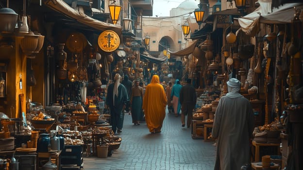 An ancient market is alive with activity as shoppers wander through narrow streets. Vibrant displays of spices, textiles, and crafts fill the stalls, illuminated by lanterns.