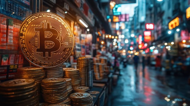 A shiny Bitcoin symbol is prominently placed among stacks of coins in a vibrant street market. The bustling, neon-lit environment is enhanced by rainy weather, creating a lively atmosphere.