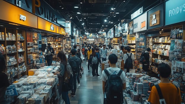 Shoppers browse through numerous stalls in a lively indoor marketplace filled with books, collectibles, and unique merchandise in the afternoon light.