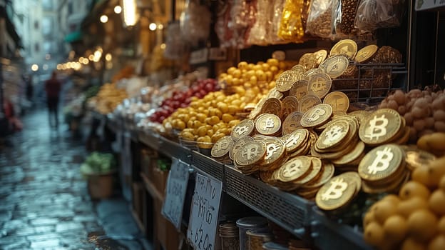 A vibrant market showcases an array of fresh fruits and vegetables alongside bright, novelty bitcoin coins, nestled in a narrow alleyway during light rain, enhancing the lively atmosphere.