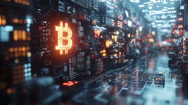 Illuminated Bitcoin symbols stand out in a vibrant digital landscape, showcasing a network of futuristic city structures filled with bright lights and intricate patterns at night.