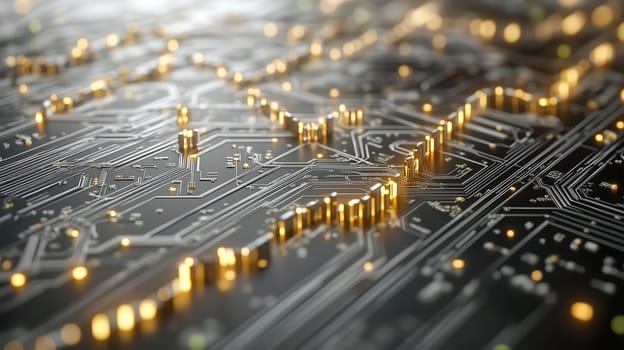 Intricate design of a circuit board highlights glowing components, illustrating advanced technology and electronic engineering in a modern setting. This close view captures the complexity involved.