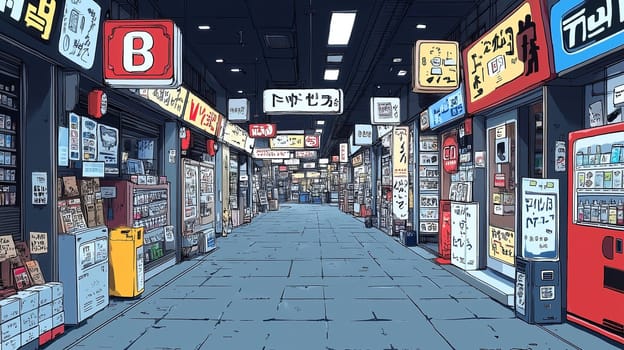 A bustling arcade street filled with numerous shops displaying colorful signs and advertisements. Shoppers wander through the vibrant corridor, exploring diverse merchandise.