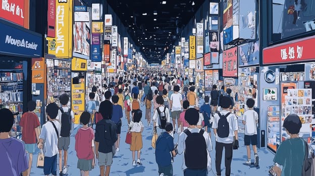 A crowded shopping district is alive with energy as throngs of people navigate through colorful storefronts filled with various goods. The atmosphere is dynamic and lively with many shoppers.