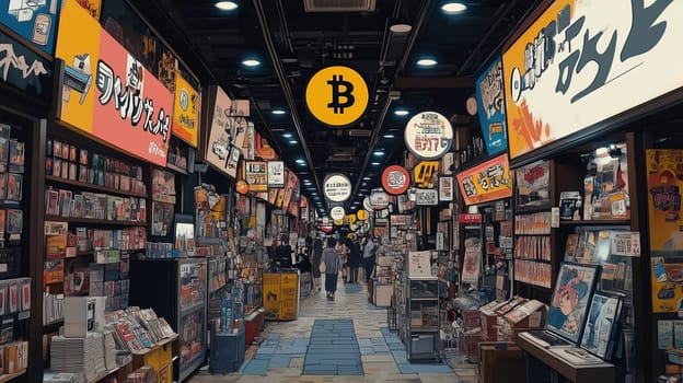 Vibrant shopping arcade filled with colorful storefronts and neon lights, bustling with people exploring shops in an urban environment during the evening.