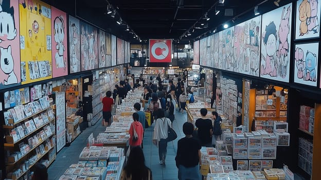 Customers explore a lively comic store adorned with vibrant murals and packed with an extensive collection of comics, manga, and art. The atmosphere is energetic and inviting.