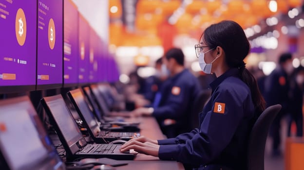 A group of technology professionals sits at rows of computers, actively engaging with cryptocurrency software in an exhibition hall during a vibrant conference event.