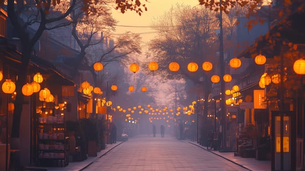 Colorful lanterns glow warmly, lining a quiet street as twilight descends. Two figures stroll leisurely, enjoying the tranquil ambiance of the evening.