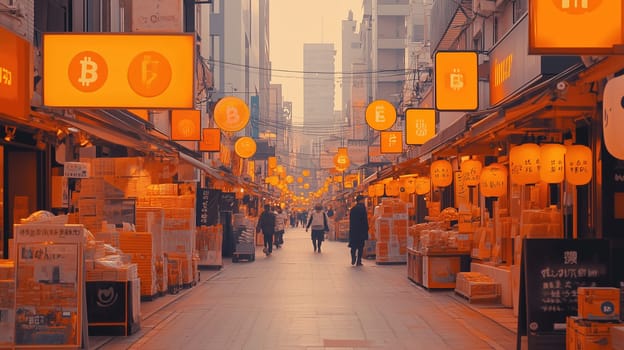 Shoppers stroll through a bustling market street adorned with orange lanterns displaying bitcoin icons as the sky darkens, creating a lively evening atmosphere.