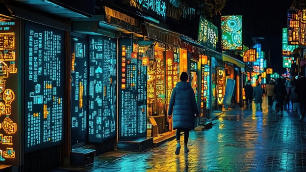 Strolling through a lively night market, a person enjoys the vibrant atmosphere created by glowing signs and colorful storefronts, showcasing local culture and commerce.