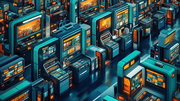 Rows of digital slot machines fill the space in a casino, featuring bright screens with various graphics and payouts, creating an exciting and vibrant nightlife ambiance.