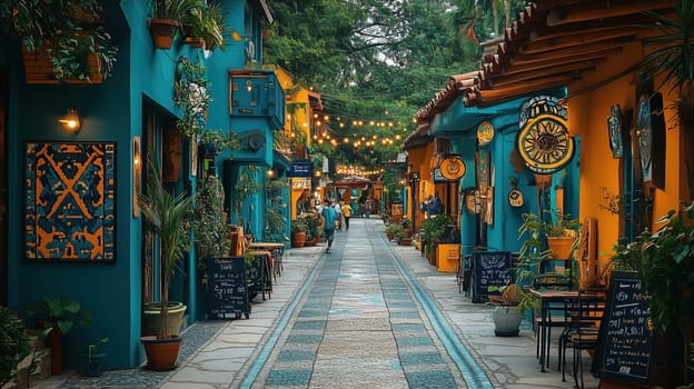 A lively alleyway features vibrant blue and yellow buildings adorned with plants and decorative signs. Visitors stroll through while enjoying the cheerful atmosphere and shopping options.