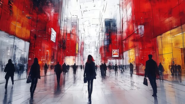 A bustling shopping district comes alive with colorful red and yellow hues. Silhouettes of shoppers move through the space, creating an energetic atmosphere.