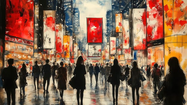 A bustling urban plaza features a diverse crowd strolling amid colorful banners and bright lights. The evening ambiance enhances the lively atmosphere as people engage with the surroundings.