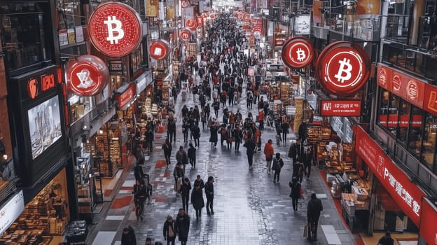 A lively urban street filled with crowds shopping in a market adorned with bright cryptocurrency themed advertisements.