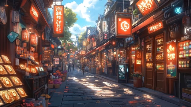 Crowds navigate a lively market street filled with colorful shop signs and lanterns. The warm sunlight enhances the charm of this historical area and creates a welcoming atmosphere.