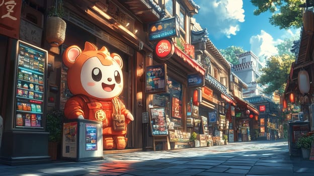 A lively street in a bustling market showcases traditional architecture, colorful signage, and a large cartoon bear figure, inviting shoppers on a sunny afternoon filled with activity.