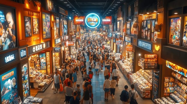 Crowds of people explore a bustling street market lined with shops displaying bright signs and various products. The lively atmosphere showcases urban culture and commerce.