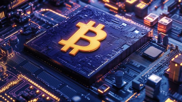 A bright Bitcoin symbol stands out on a detailed circuit board, showcasing a blend of advanced technology and digital currency concepts in a dark, vibrant setting.