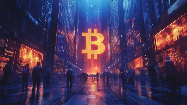 A vibrant urban scene shows numerous people walking among towering buildings at night. A massive Bitcoin symbol glows brightly, illuminating the surroundings and reflecting on the pavement.